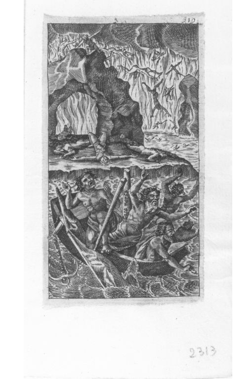 Dannati traghettati sull'Acheronte (stampa colorata a mano smarginata) di Cavazza Giovanni Battista (prima metà sec. XVII)