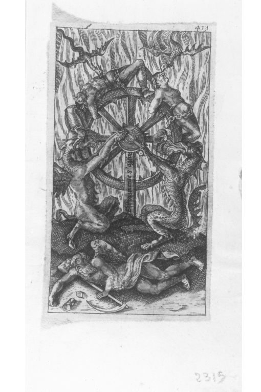 Dannati in Catene, Demoni (stampa colorata a mano smarginata) di Cavazza Giovanni Battista (prima metà sec. XVII)