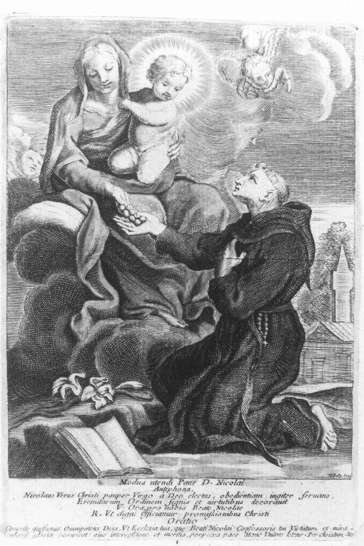 La Madonna con Bambino appare a san Nicola da Tolentino (stampa colorata a mano) di Billy Nicolò il Giovane (sec. XVIII)