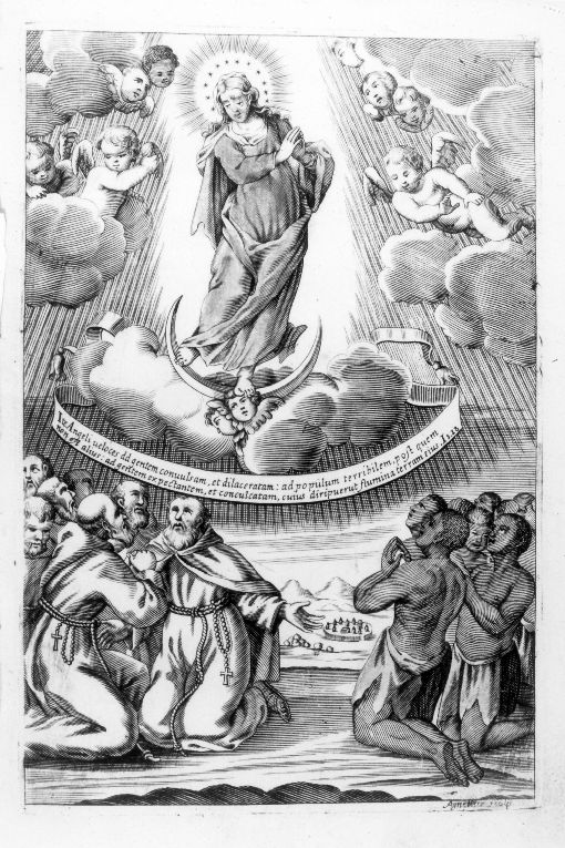 Madonna Immacolata con frati francescani e indigeni (stampa colorata a mano) di Agnello Giacomo (sec. XVI)