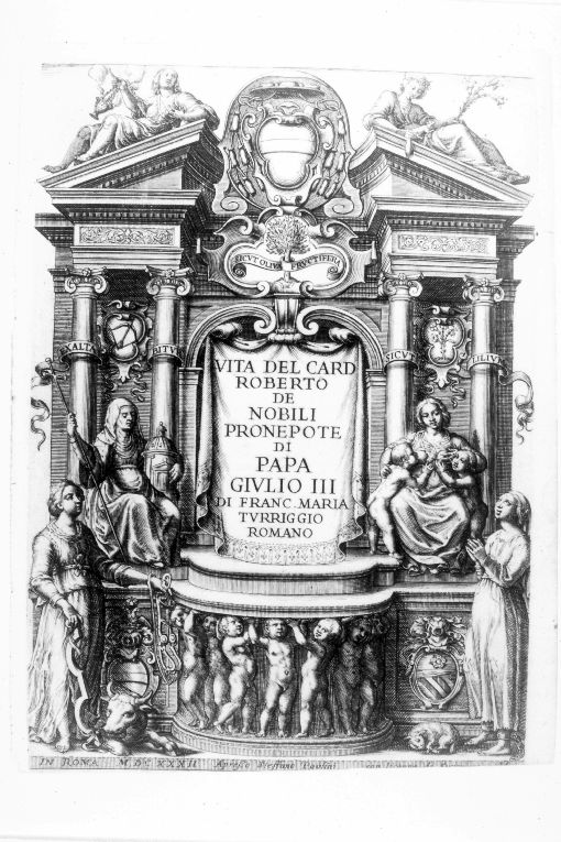 Prospetto architettonico con le Virtu' Teologali (stampa smarginata) - ambito romano (sec. XVII)