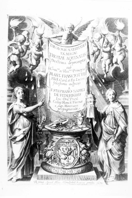 Figure femminili simboliche con simboli papali e armegentilizia non identificata (stampa) di Audran Charles, Stella Jacques (sec. XVII)