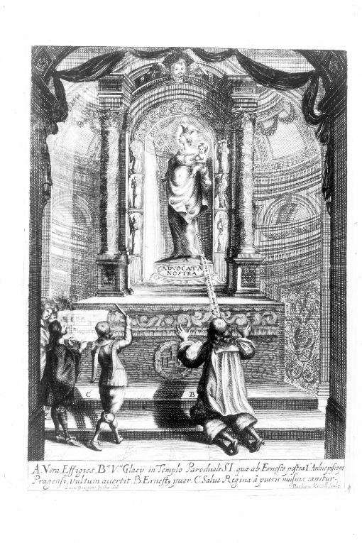 Miracolo della Madonna della Neve a Praga (stampa) di Ssicha Lukas Georg, Kuesel Mathaus (sec. XVII)