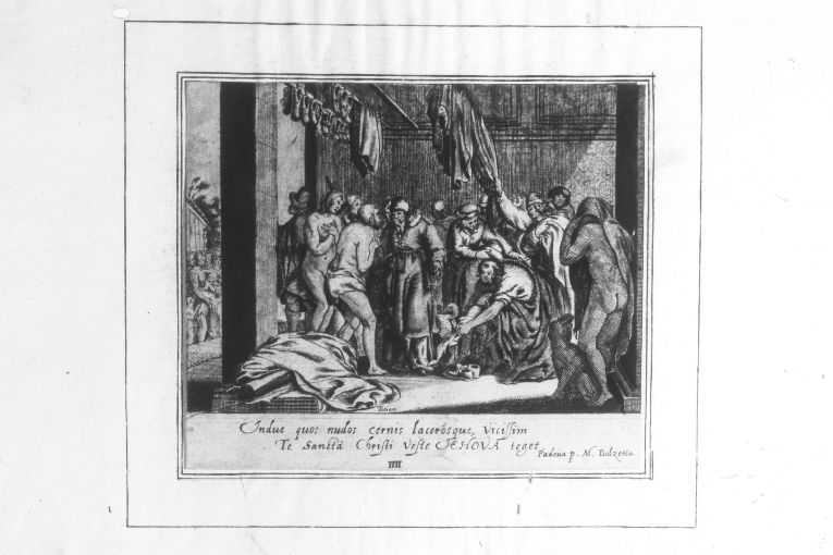 Donazione delle vesti ai poveri (stampa colorata a mano smarginata) di Vecellio Tiziano (sec. XVII)