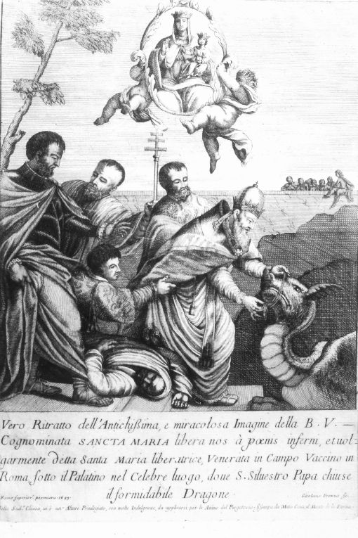 San Silvestro papa placa il dragone e icona di san MariaLiberatrice (stampa) di Frezza Giovanni Gerolamo (sec. XVII)