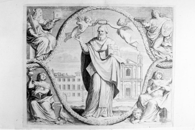 Santo vescovo incoronato dagli angeli; figure allegoriche femminili di Virtù (stampa) - ambito italiano (sec. XVIII)