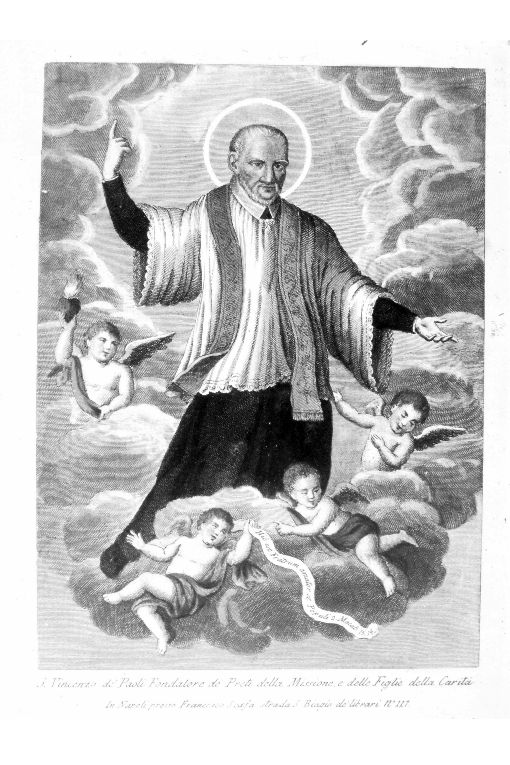 San Vincenzo de'Paoli (stampa colorata a mano) - ambito napoletano (seconda metà sec. XVII)