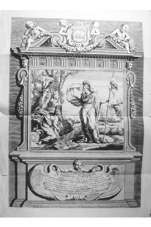 Altare con ancona raffigurante "Tributo a Minerva" (stampa) di Dorigny Nicolas, Blondeau Jacques, Aken Jan van (sec. XVII)