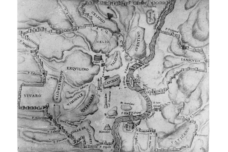 Pianta delle mura di Roma (stampa colorata a mano smarginata) - ambito romano (sec. XVI)