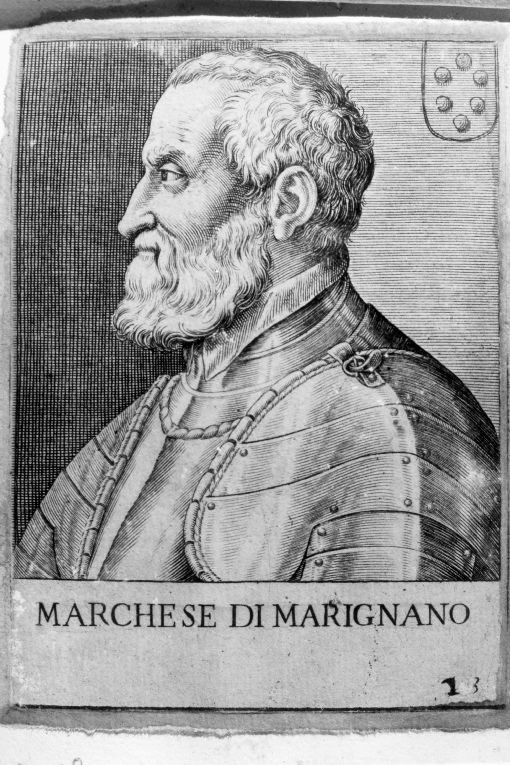 Ritratto di profilo del Marchese di Marignano (stampa colorata a mano smarginata) di P. T (seconda metà sec. XVI)