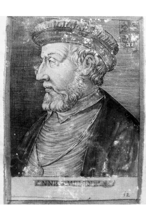 Ritratto di profilo di Anneo Memoransi (stampa colorata a mano smarginata) di P. T (seconda metà sec. XVI)