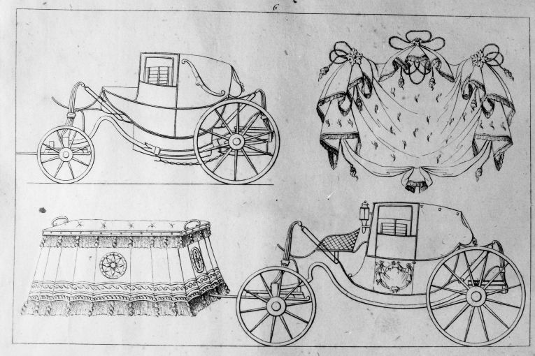 Carrozza/ Manto regale/ Sedile da carrozza (stampa) di Roccheggiani Lorenzo, Ruga Pietro (prima metà sec. XIX)