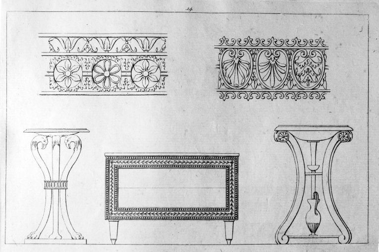 Fregi/ Bracieri/ Cassettone (stampa) di Roccheggiani Lorenzo, Ruga Pietro (prima metà sec. XIX)