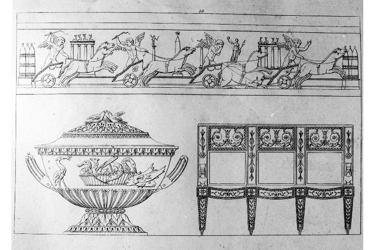 Particolari di fregio/ Zuppiera/ Divano a tre posti (stampa) di Roccheggiani Lorenzo, Ruga Pietro (prima metà sec. XIX)
