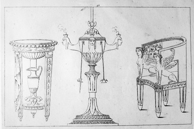 Tripode di lavabo con brocca/ Lucerna/ Poltrona (stampa) di Roccheggiani Lorenzo, Ruga Pietro (prima metà sec. XIX)