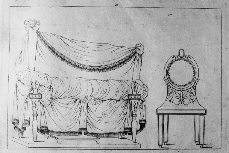 Letto a baldacchino/ Sedia (stampa) di Roccheggiani Lorenzo, Ruga Pietro (prima metà sec. XIX)