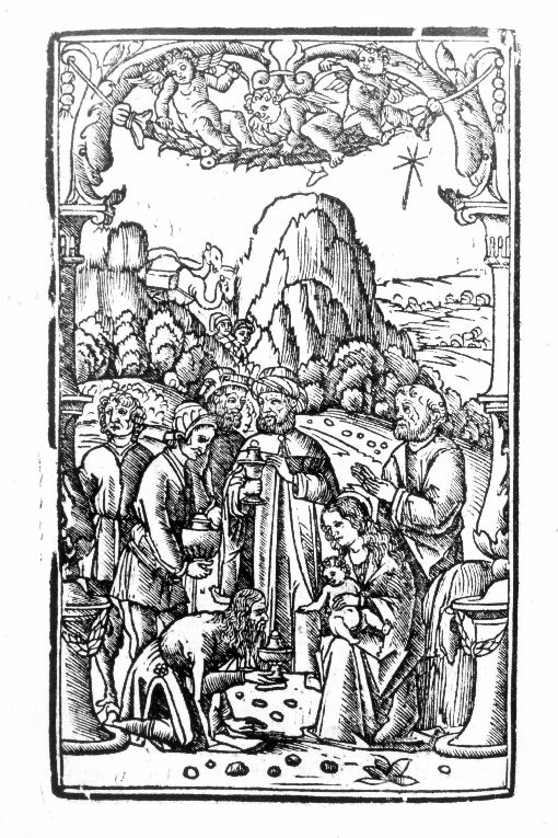 adorazione dei Re Magi (stampa colorata a mano) - ambito italiano (sec. XVI)