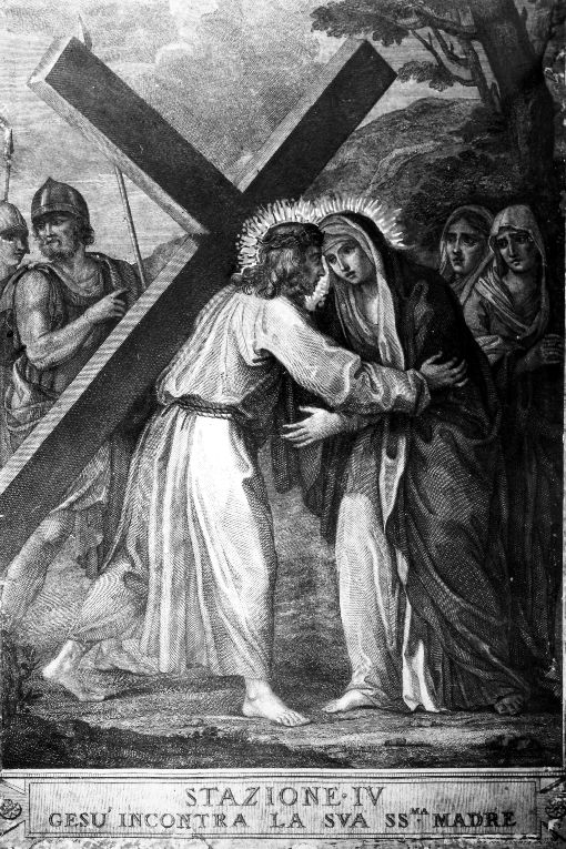 stazione IV: Gesù incontra la Madonna (stampa) di Perini Giuseppe (attribuito), Benedetti, Pozzi Francesco, Cornellam Antonio (sec. XVIII)