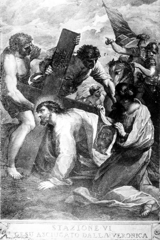 stazione VI: Gesù asciugato dalla Veronica (stampa) di Perini Giuseppe (attribuito), Benedetti, Pozzi Francesco, Cornellam Antonio (sec. XVIII)