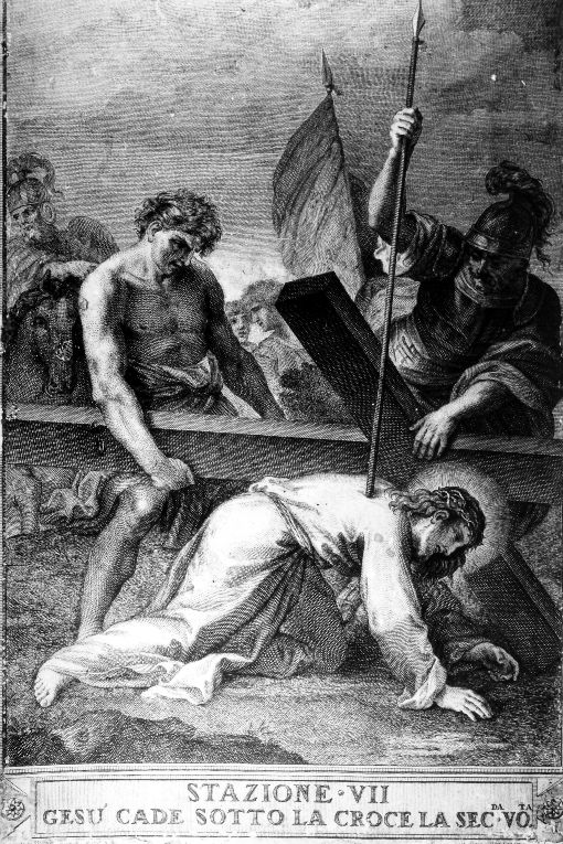 stazione VII: Gesù cade sotto la croce la seconda volta (stampa) di Perini Giuseppe (attribuito), Benedetti, Pozzi Francesco, Cornellam Antonio (sec. XVIII)