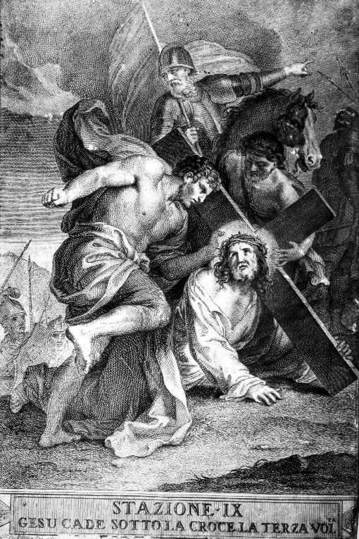 stazione IX: Gesù cade sotto la croce la terza volta (stampa) di Perini Giuseppe (attribuito), Benedetti, Pozzi Francesco, Cornellam Antonio (sec. XVIII)