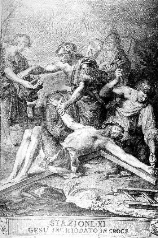 stazione XI: Gesù inchiodato alla croce (stampa) di Perini Giuseppe (attribuito), Benedetti, Pozzi Francesco, Cornellam Antonio (sec. XVIII)