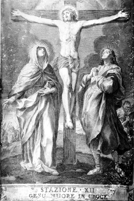 stazione XII: Gesù innalzato e morto in croce (stampa) di Perini Giuseppe (attribuito), Benedetti, Pozzi Francesco, Cornellam Antonio (sec. XVIII)