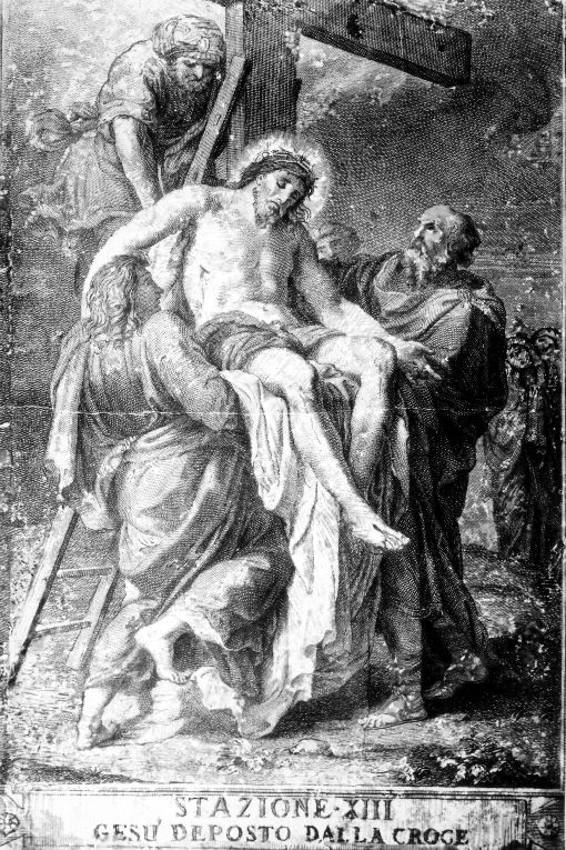 stazione XIII: Gesù deposto dalla croce (stampa) di Perini Giuseppe (attribuito), Benedetti, Pozzi Francesco, Cornellam Antonio (sec. XVIII)