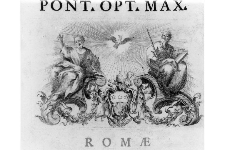 Esaltazione delle insegne di Pio VI (stampa) - ambito romano (sec. XVIII)