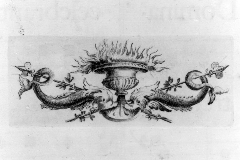 Braciere retto da una coppia di pesci (stampa) - ambito romano (sec. XVIII)