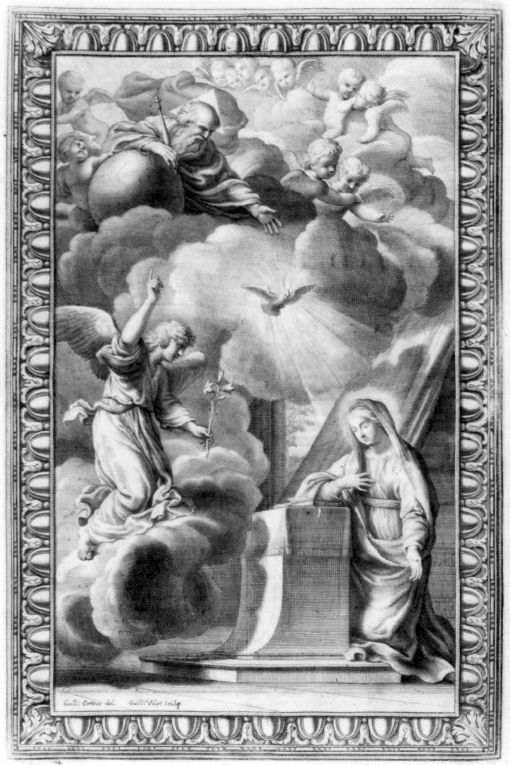 Annunciazione (stampa) di Courtois Guillaume detto Borgognone, Vallet Guillaume (sec. XVIII)