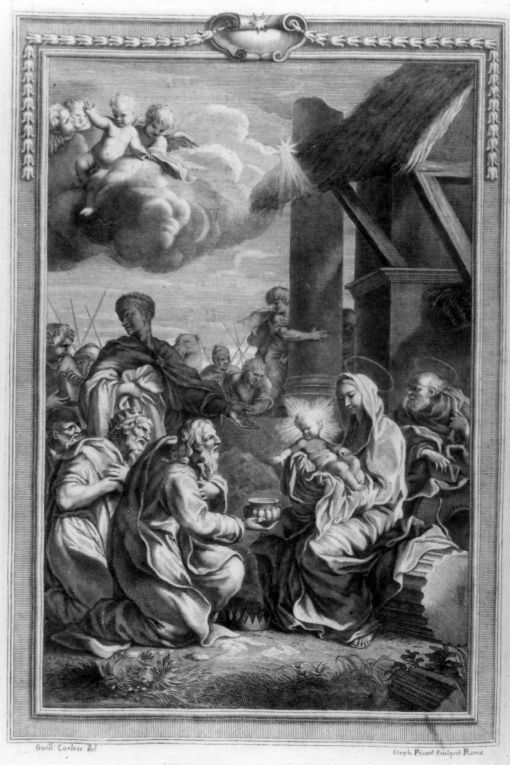 adorazione dei Re Magi (stampa) di Picart Etienne, Courtois Guillaume detto Borgognone (sec. XVIII)