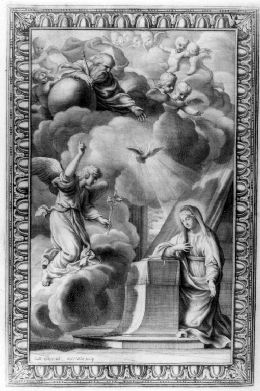 Annunciazione (stampa) di Courtois Guillaume detto Borgognone, Vallet Guillaume (sec. XVIII)