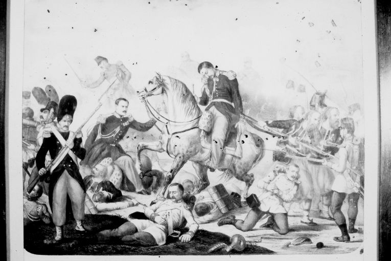 "Battaglia di Magenta", Morte del generale Clerc nella battaglia di Magenta (stampa colorata a mano) di Lordereau (sec. XIX)