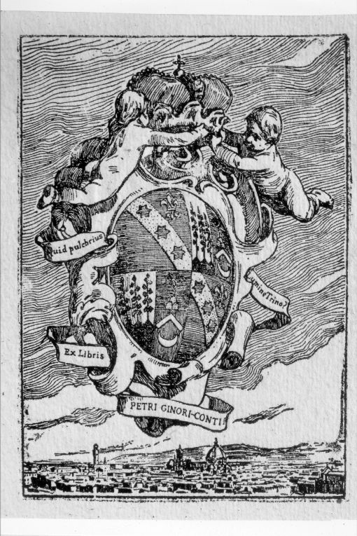 Arme gentilizia Ginori-Conti con veduta di Firenze (stampa) - ambito toscano (seconda metà sec. XIX)