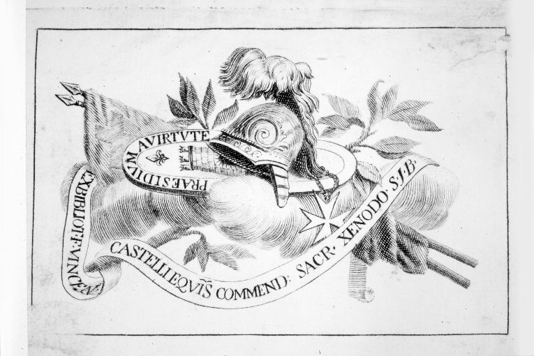 Arme gentilizia Castelli con panoplia (stampa smarginata) - ambito italiano (ultimo quarto sec. XVIII)