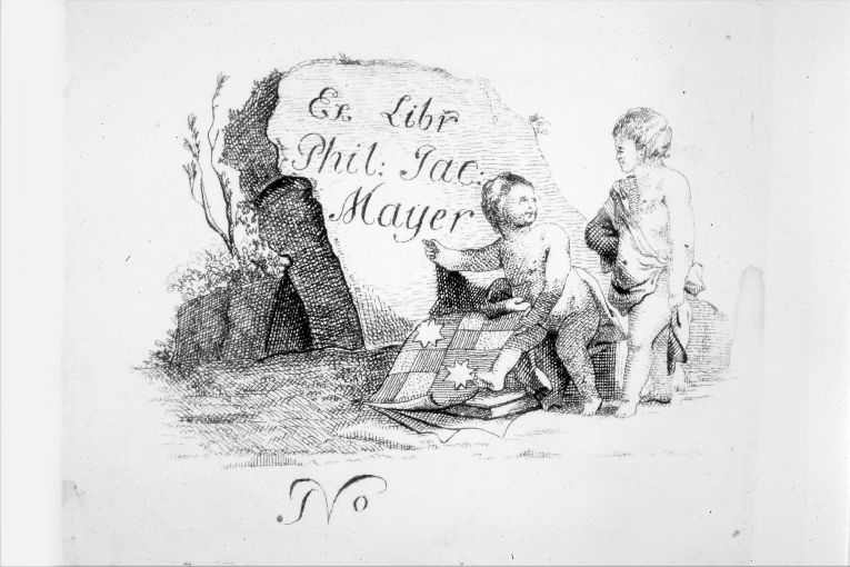 Bambini con lastrone di pietra e arme gentilizia Mayer (stampa smarginata) - ambito italiano (seconda metà sec. XVIII)