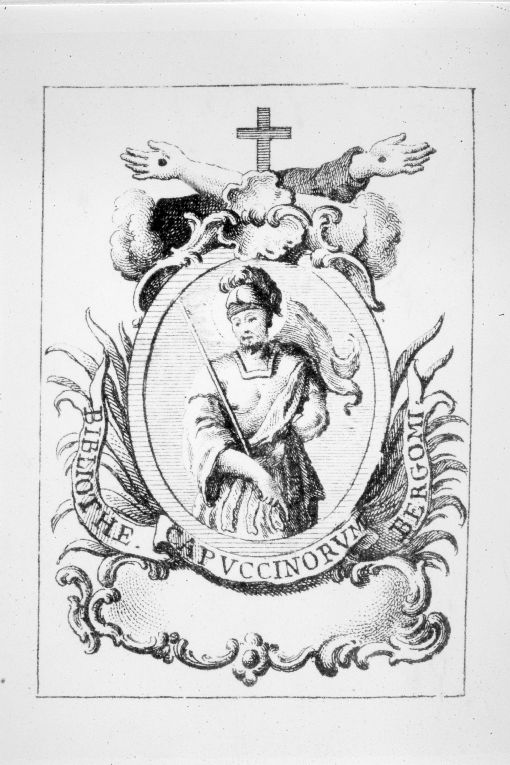 Medaglione con santo non identificato ed emblema religiosodei Cappuccini (stampa smarginata) di Viero Teodoro (sec. XVIII)