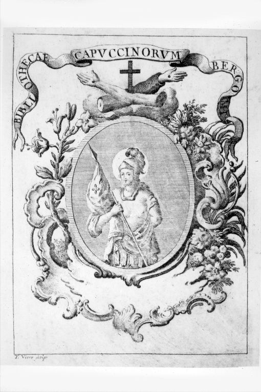 Medaglione con santo non identificato ed emblema religiosodei Cappuccini (stampa smarginata) - ambito italiano (sec. XVIII)