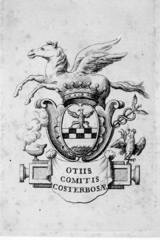 Arme gentilizia Costerbosa con ippogrifo, lampada, caduceoe gallo (stampa smarginata) - ambito veneto (sec. XVIII)