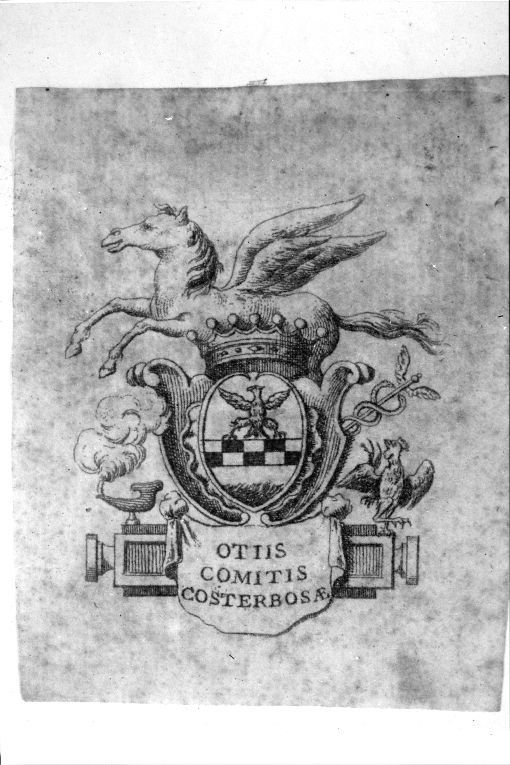 Arme gentilizia Costerbosa con ippogrifo, lampada, caduceoe gallo (stampa smarginata) - ambito veneto (sec. XVIII)