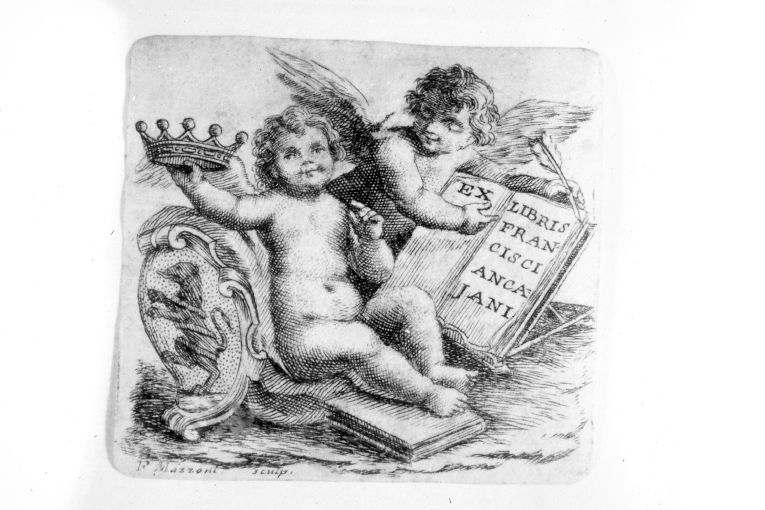 Putti con libro e arme gentilizia Ancajani (stampa smarginata) di Mazzoni Francesco (sec. XVIII)