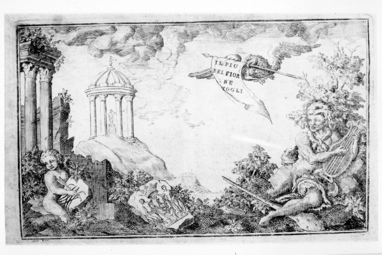 Paesaggio con rovine, Ercole citaredo, putto e armegentilizia Caisotti (stampa smarginata) di Gay (sec. XVIII)