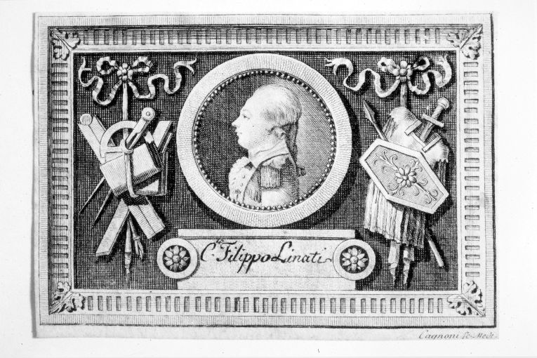 medaglione con effigie di Filippo Linati, simboli delle arti liberali e panoplia (stampa smarginata) di Cagnoni Domenico (sec. XVIII)