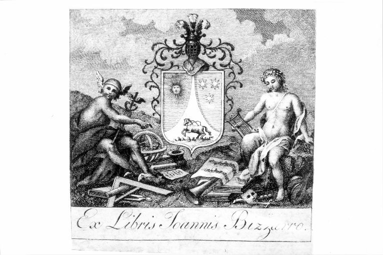 Mercurio e Apollo con simboli dell'astronomia e della musicae l'arme gentilizia Bizzarro (stampa) - ambito veneto (sec. XIX)