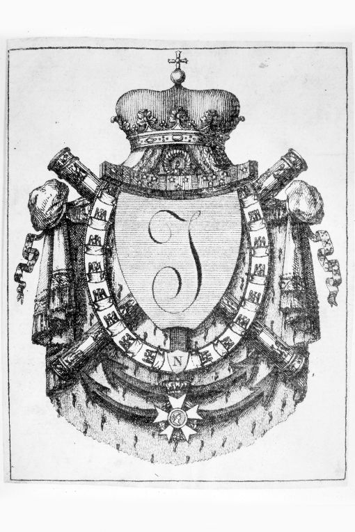 Arme gentilizia Murat Gioacchino, re delle Due Sicilie (stampa smarginata) - ambito napoletano (sec. XIX)