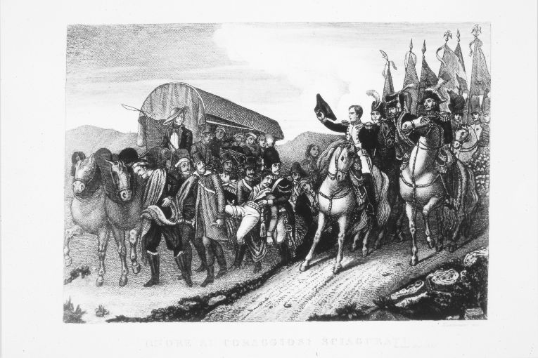 Napoleone Bonaparte tra i soldati francesi in ritirata (stampa colorata a mano smarginata) di Talione, Mantovani (sec. XIX)