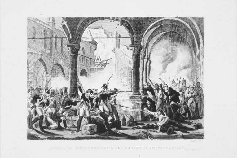 truppe francesi espugnano il convento dei Cappuccini a Saragozza (stampa colorata a mano smarginata) di Gandini Domenico (sec. XIX)
