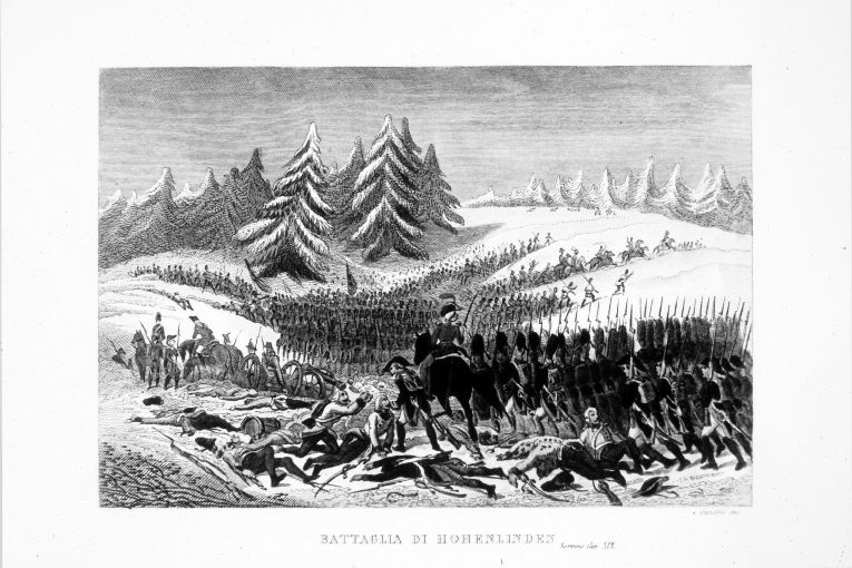Le truppe francesi sbaragliano gli austriaci a Hohenlinden (stampa colorata a mano smarginata) di Gandini Domenico (sec. XIX)