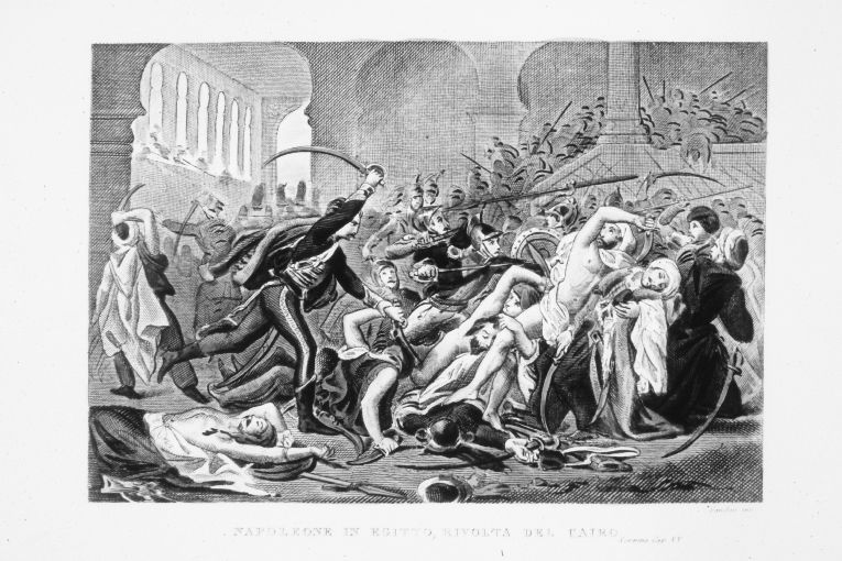 Le truppe francesi sedano la rivolta del Cairo (stampa colorata a mano smarginata) di Gandini Domenico (sec. XIX)